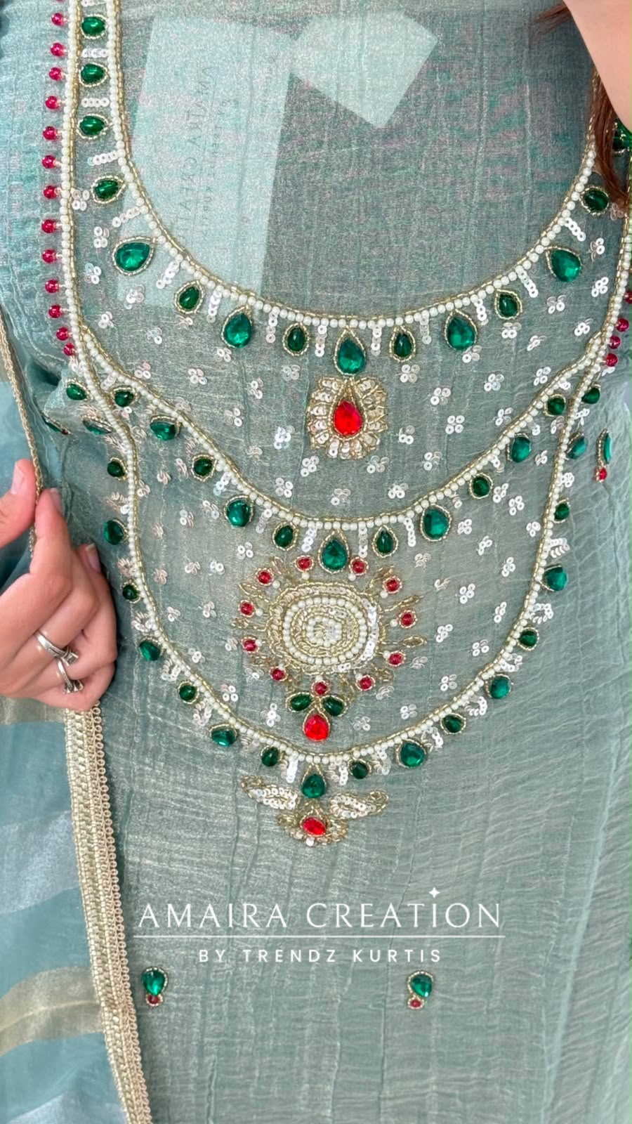 Premium Crush Glass Tissue Light Sea Green Colour Designer Neck Pattern Unstitched Suit