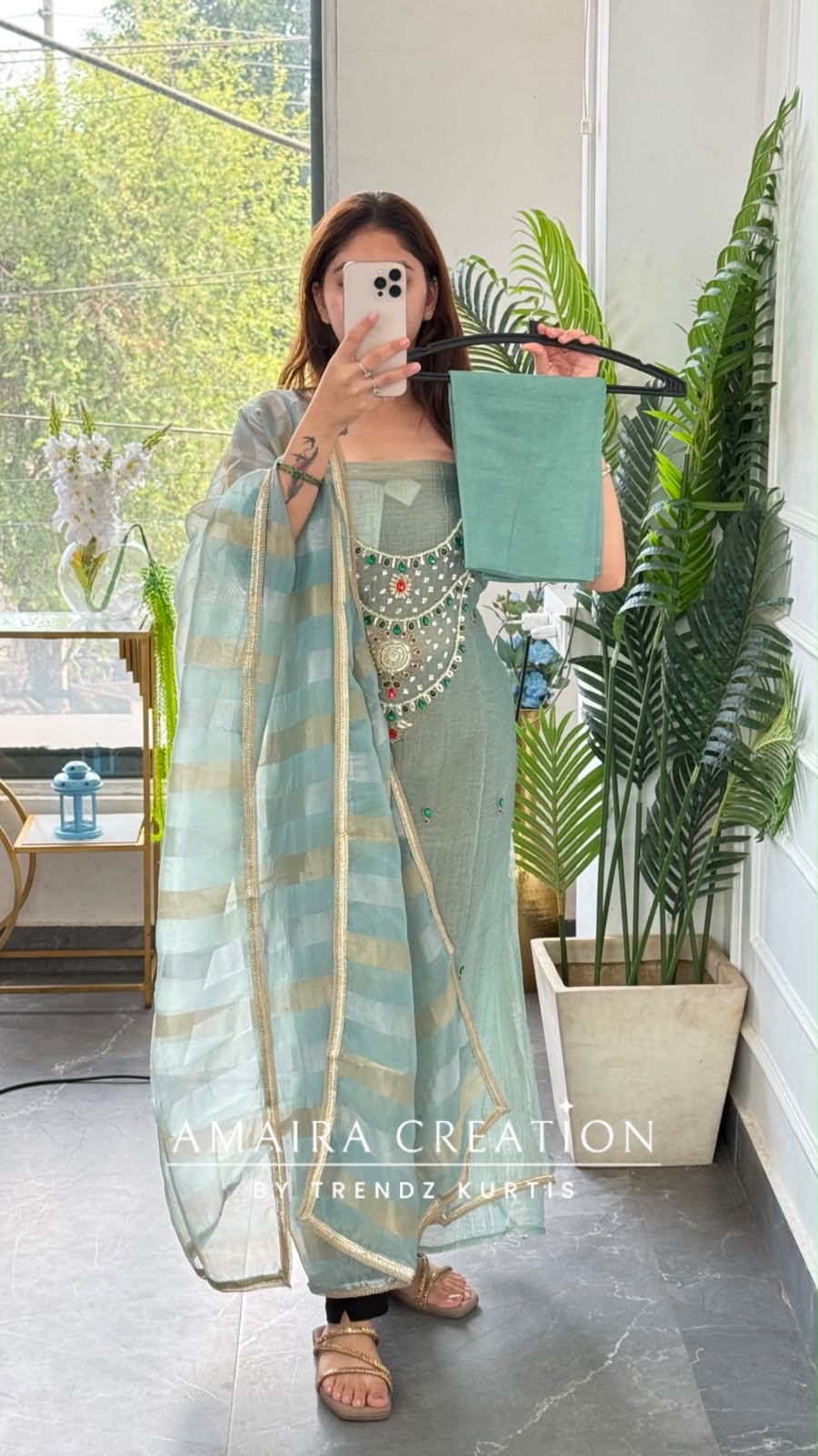 Premium Crush Glass Tissue Light Sea Green Colour Designer Neck Pattern Unstitched Suit