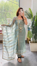 Premium Crush Glass Tissue Light Sea Green Colour Designer Neck Pattern Unstitched Suit