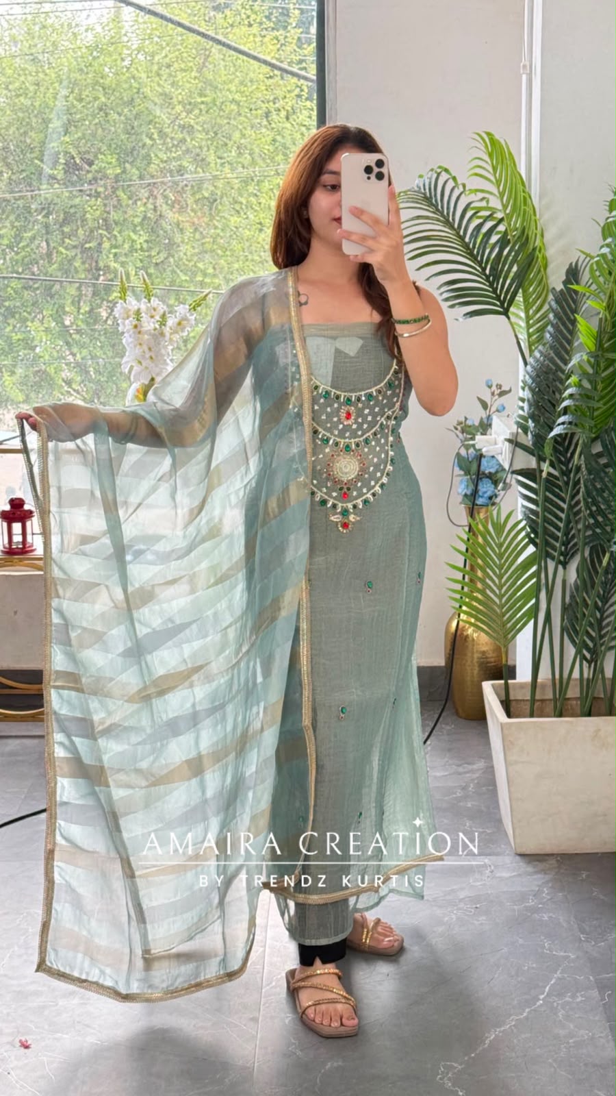 Premium Crush Glass Tissue Light Sea Green Colour Designer Neck Pattern Unstitched Suit