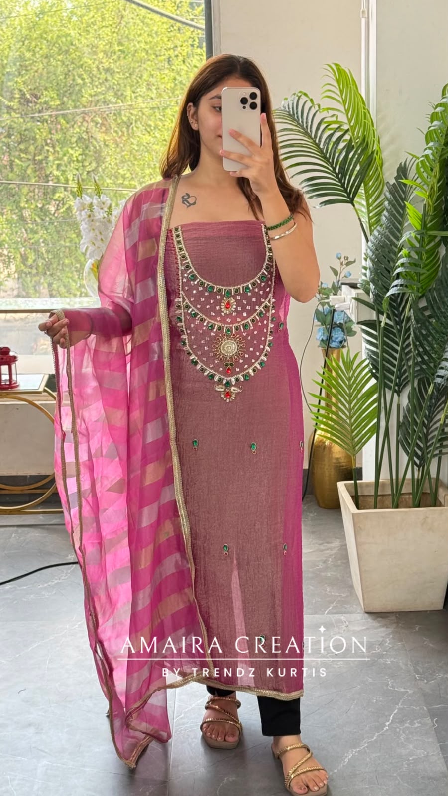 Premium Crush Glass Tissue Light Dark Onion Colour Designer Neck Pattern Unstitched Suit