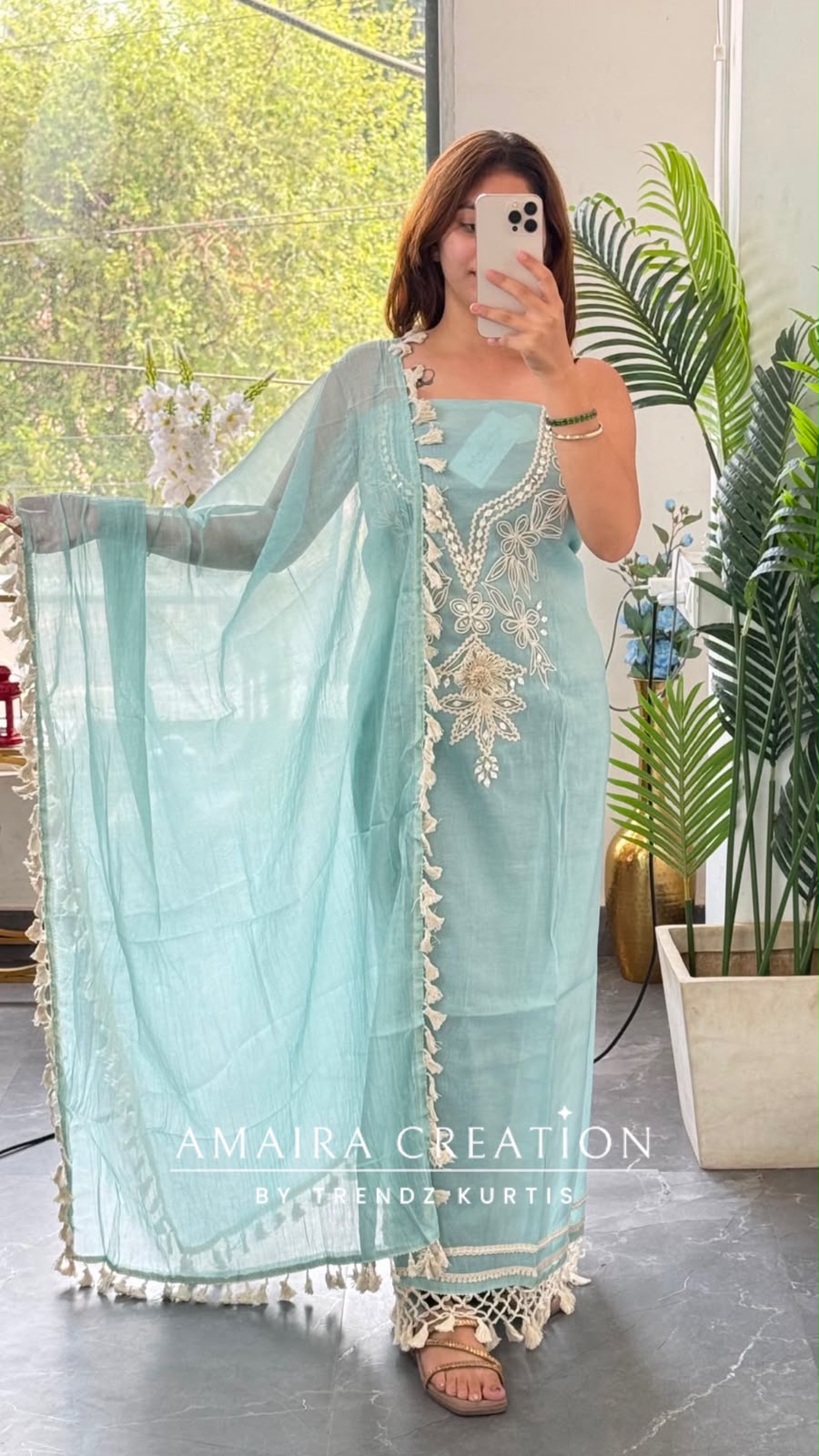Premium Mul Chanderi Sky Blue Colour Beautiful Thread & Mirror Work Detailing Unstitched Suit