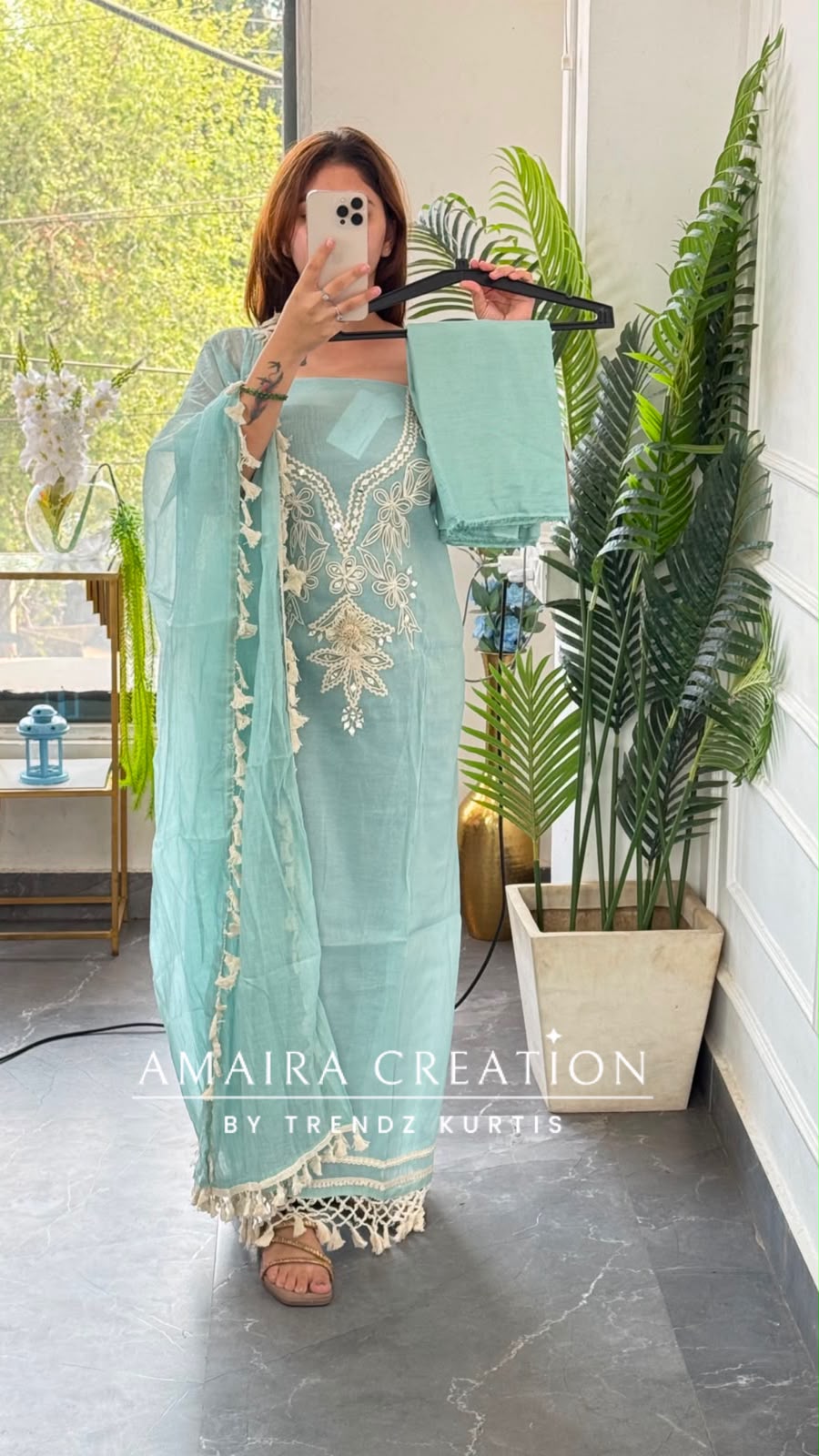 Premium Mul Chanderi Sky Blue Colour Beautiful Thread & Mirror Work Detailing Unstitched Suit