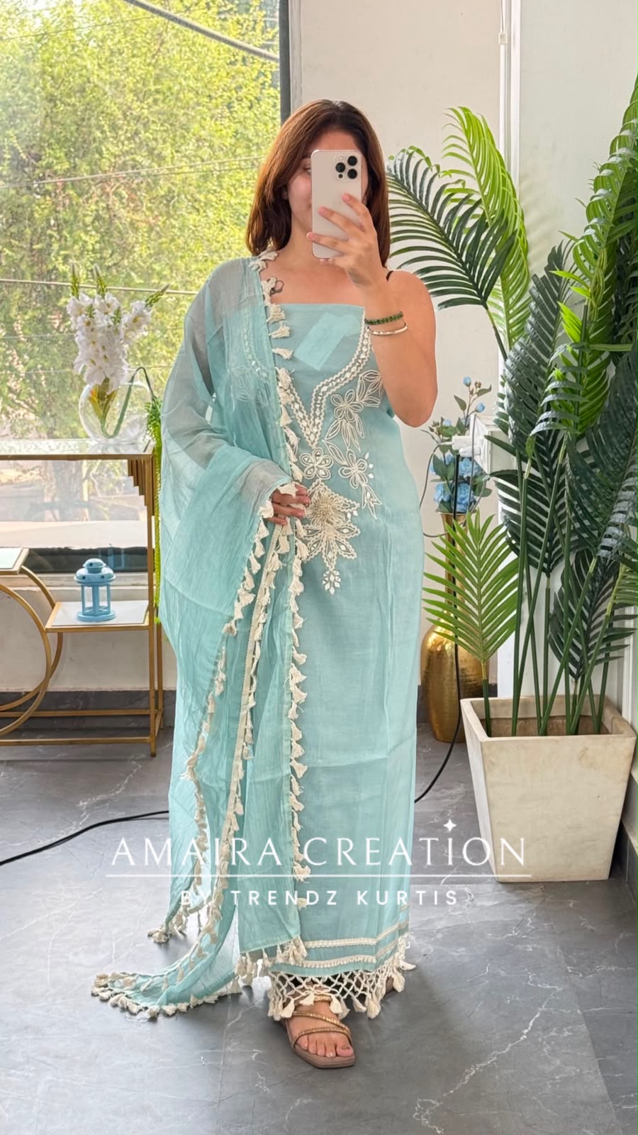 Premium Mul Chanderi Sky Blue Colour Beautiful Thread & Mirror Work Detailing Unstitched Suit