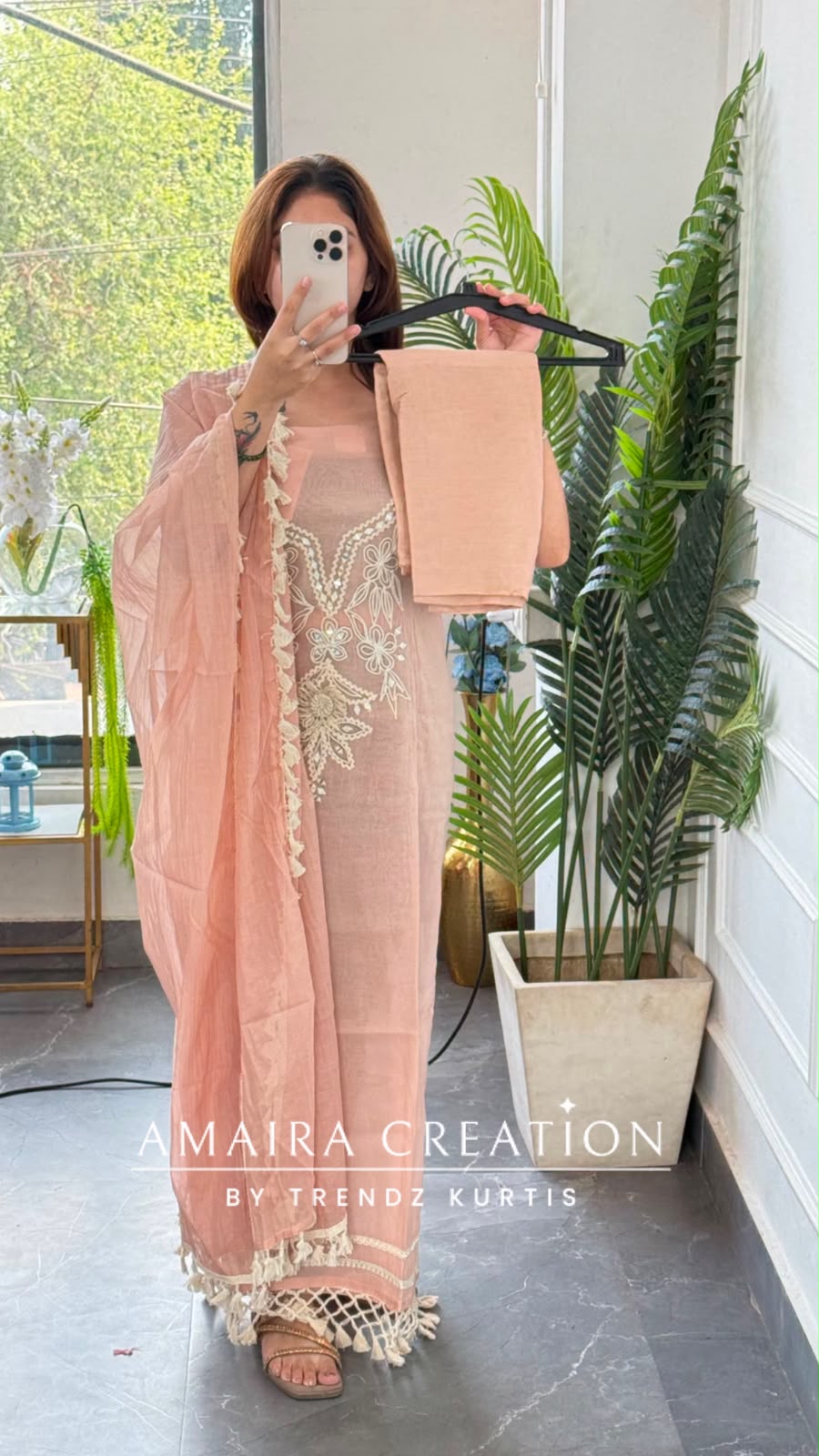 Premium Mul Chanderi Colour Peach Beautiful Thread & Mirror Work Detailing Unstitched Suit