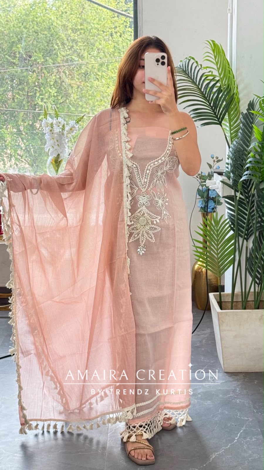 Premium Mul Chanderi Colour Peach Beautiful Thread & Mirror Work Detailing Unstitched Suit