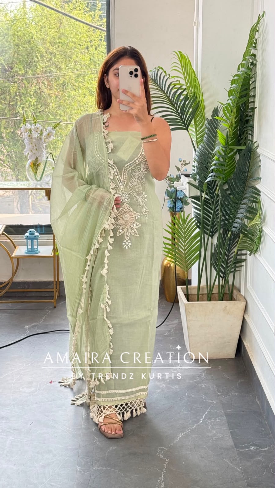 Premium Mul Chanderi Sea Green  Colour Beautiful Thread & Mirror Work Detailing Unstitched Suit