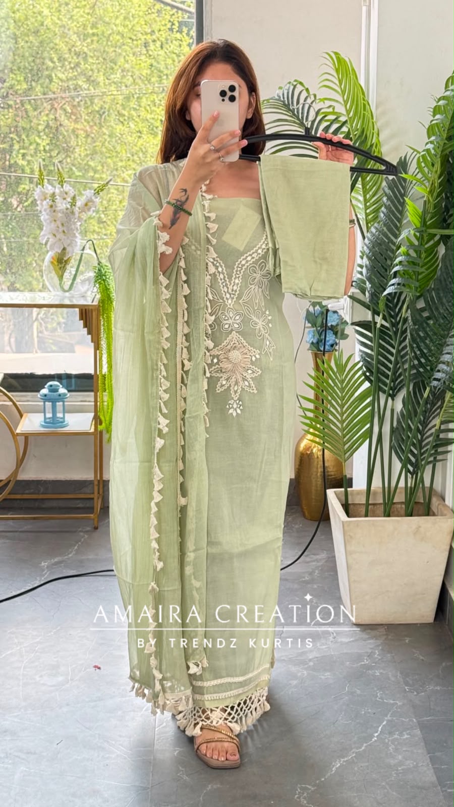 Premium Mul Chanderi Sea Green  Colour Beautiful Thread & Mirror Work Detailing Unstitched Suit