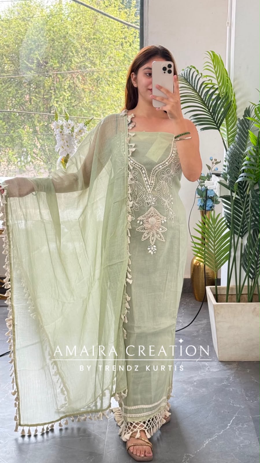 Premium Mul Chanderi Sea Green  Colour Beautiful Thread & Mirror Work Detailing Unstitched Suit