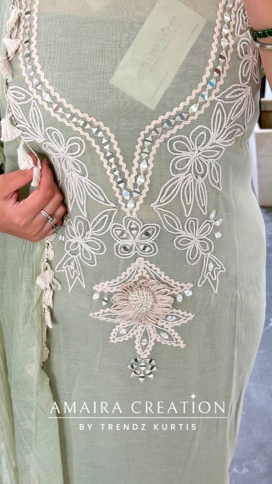 Premium Mul Chanderi Sea Green  Colour Beautiful Thread & Mirror Work Detailing Unstitched Suit