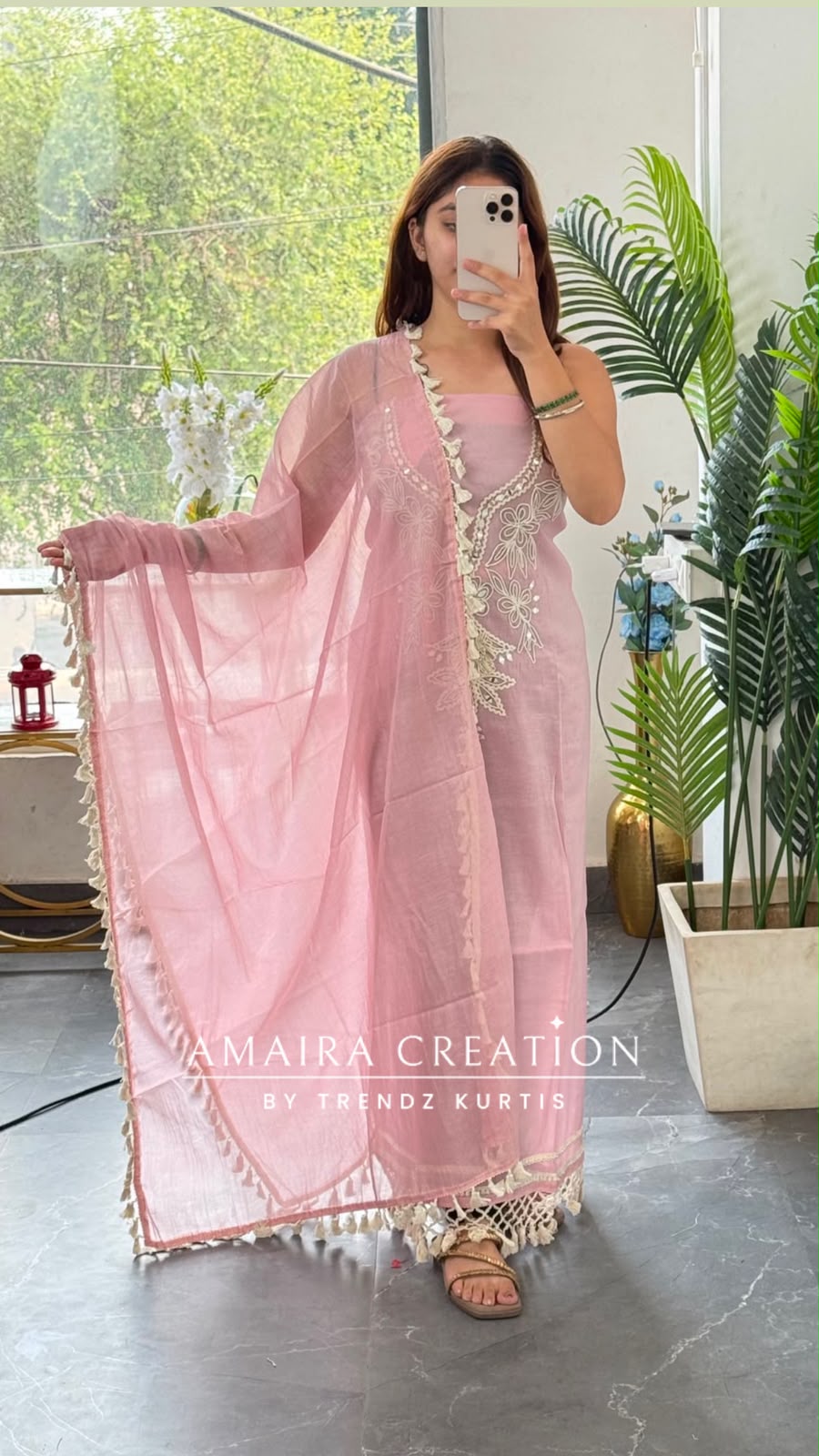 Premium Mul Chanderi Pink Colour Beautiful Thread & Mirror Work Detailing Unstitched Suit