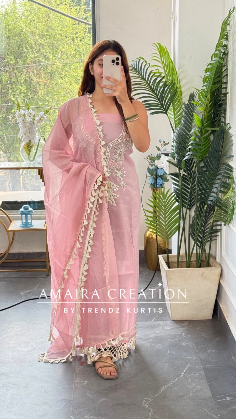 Premium Mul Chanderi Pink Colour Beautiful Thread & Mirror Work Detailing Unstitched Suit