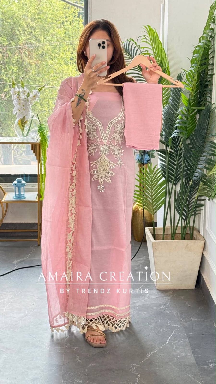 Premium Mul Chanderi Pink Colour Beautiful Thread & Mirror Work Detailing Unstitched Suit