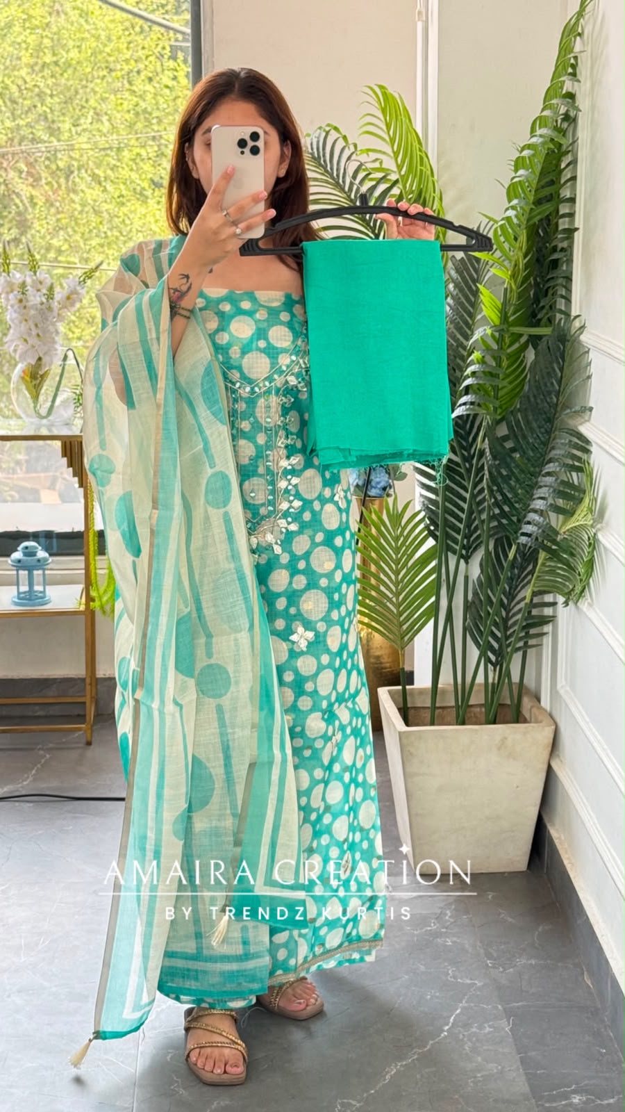 Premium Kota Doria Polka Dot Pattern Sea Green Colour Unstitch Suit