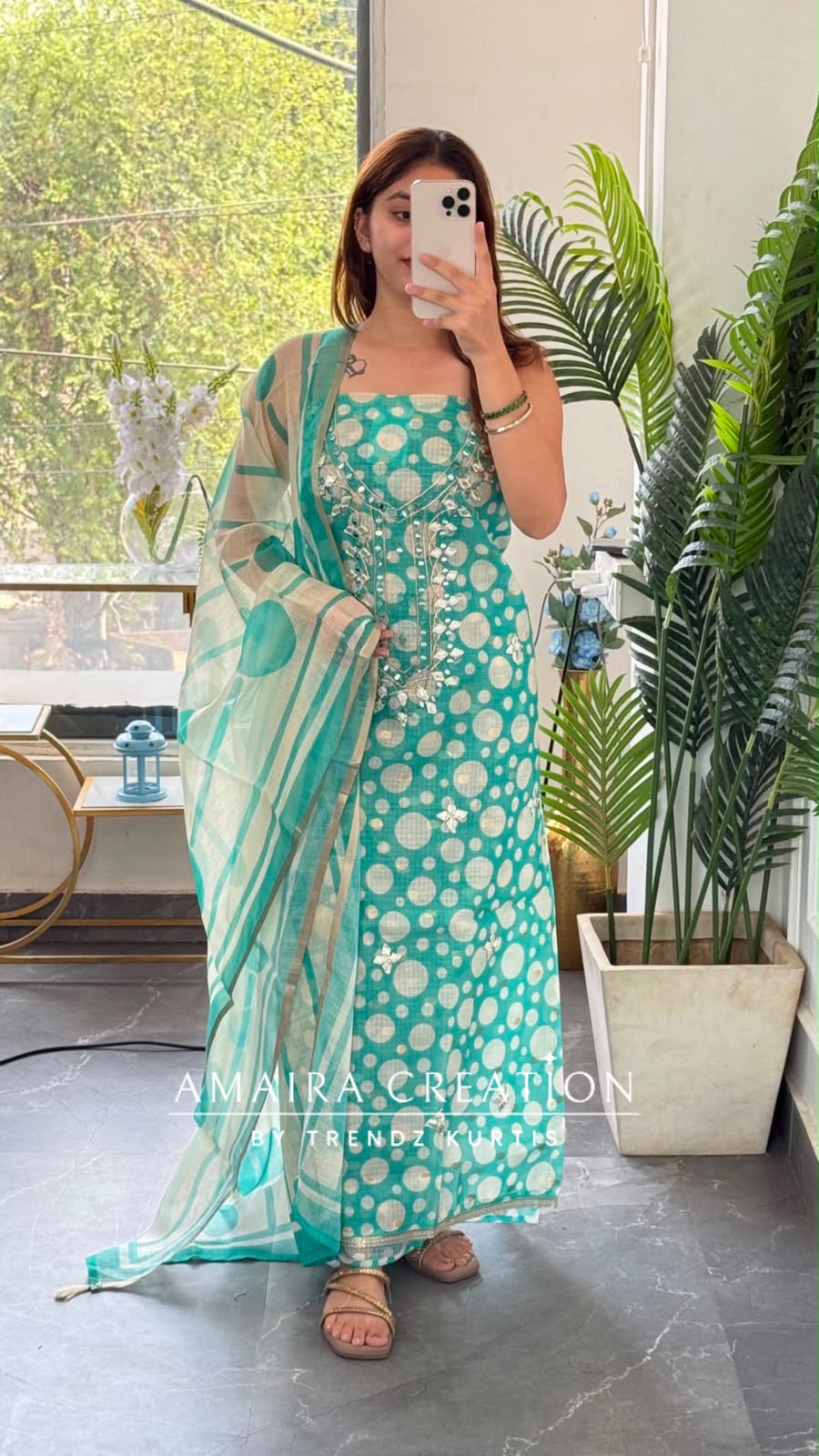 Premium Kota Doria Polka Dot Pattern Sea Green Colour Unstitch Suit