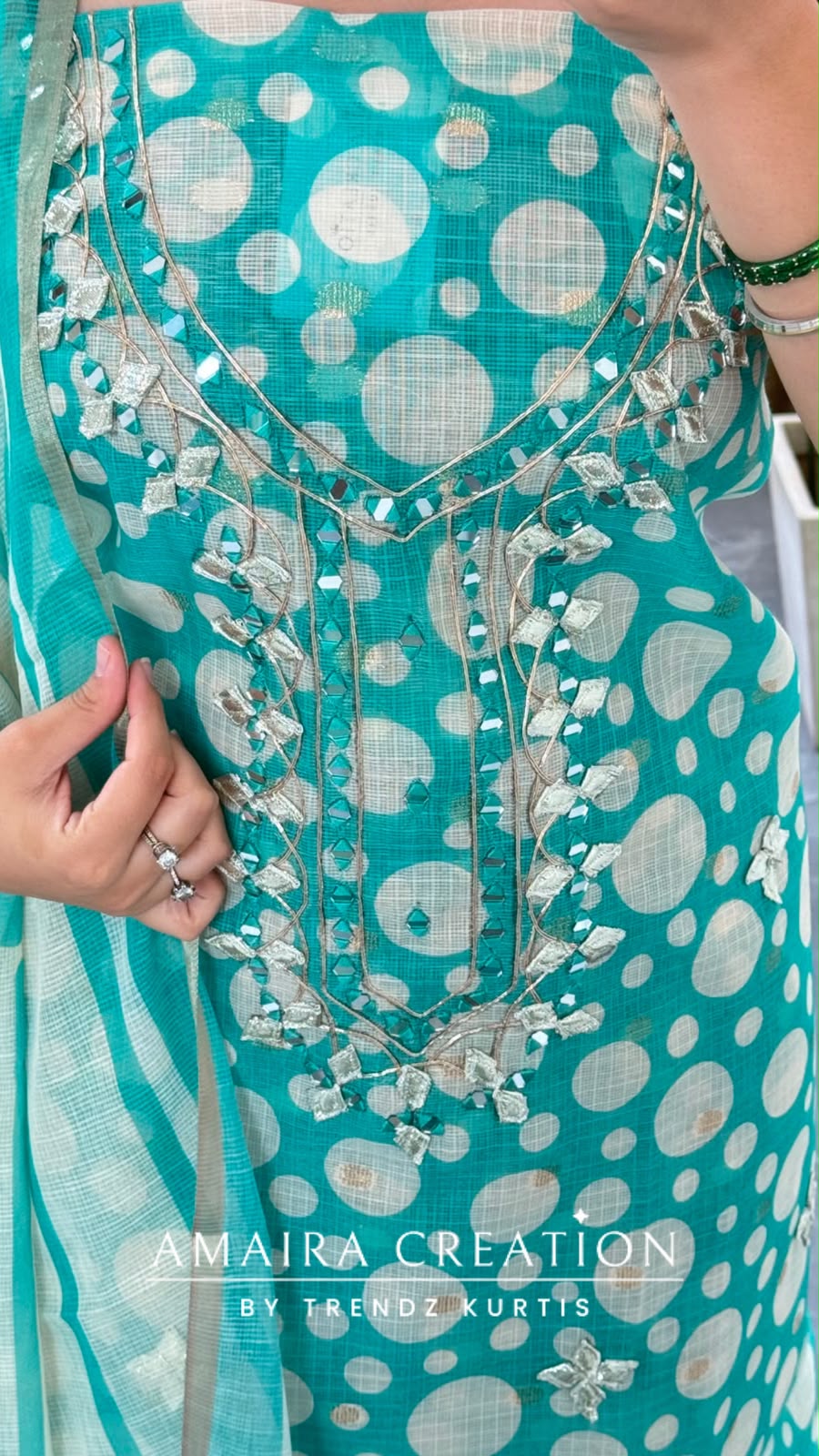 Premium Kota Doria Polka Dot Pattern Sea Green Colour Unstitch Suit