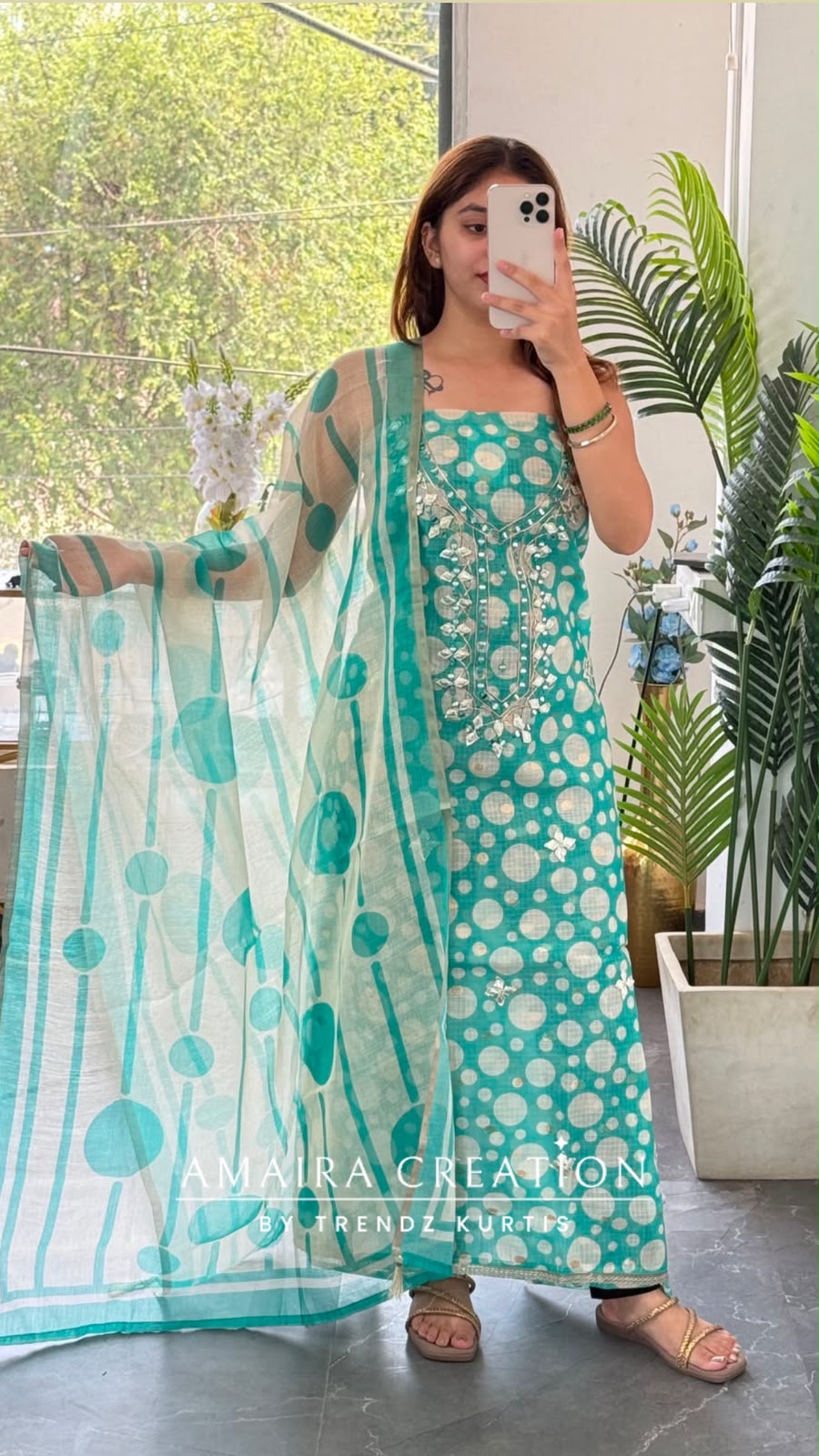 Premium Kota Doria Polka Dot Pattern Sea Green Colour Unstitch Suit