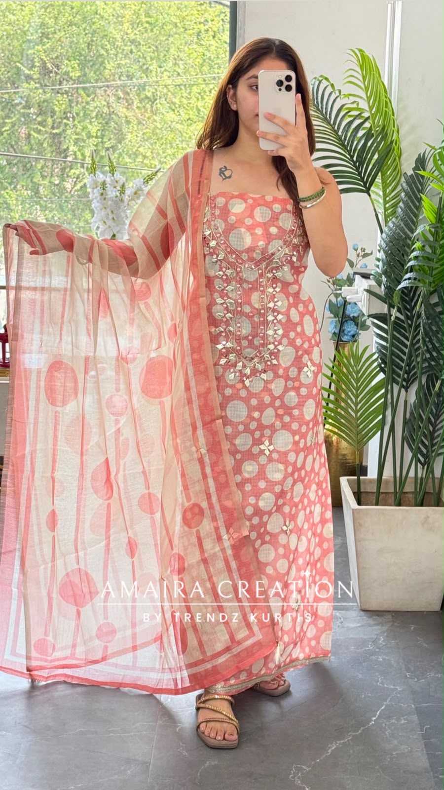 Premium Kota Doria Polka Dot Pattern Peach Colour Unstitch Suit