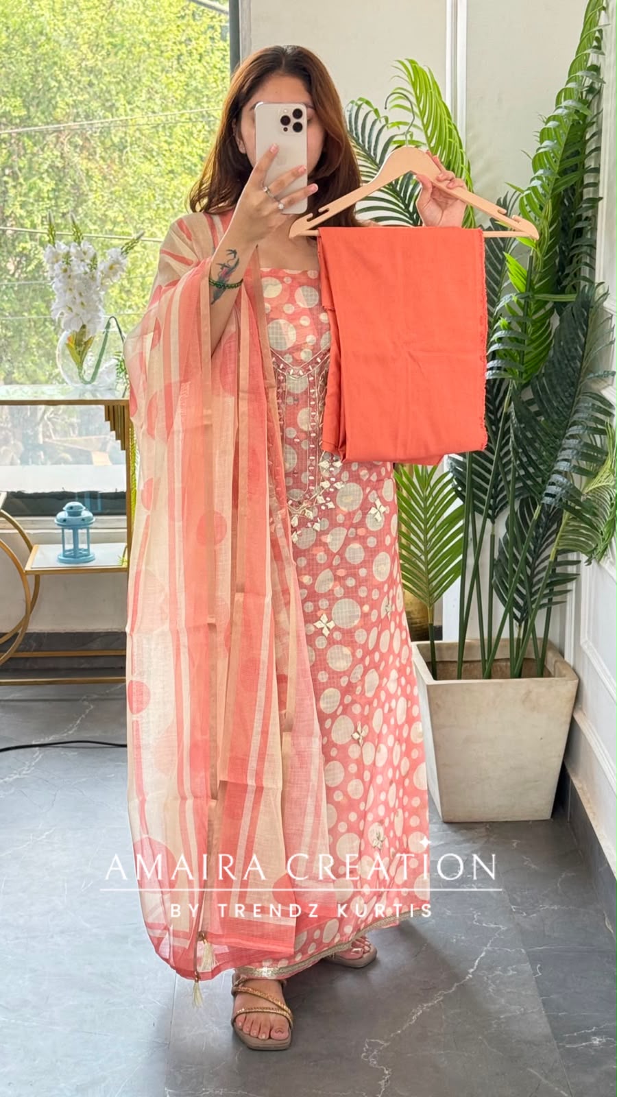 Premium Kota Doria Polka Dot Pattern Peach Colour Unstitch Suit