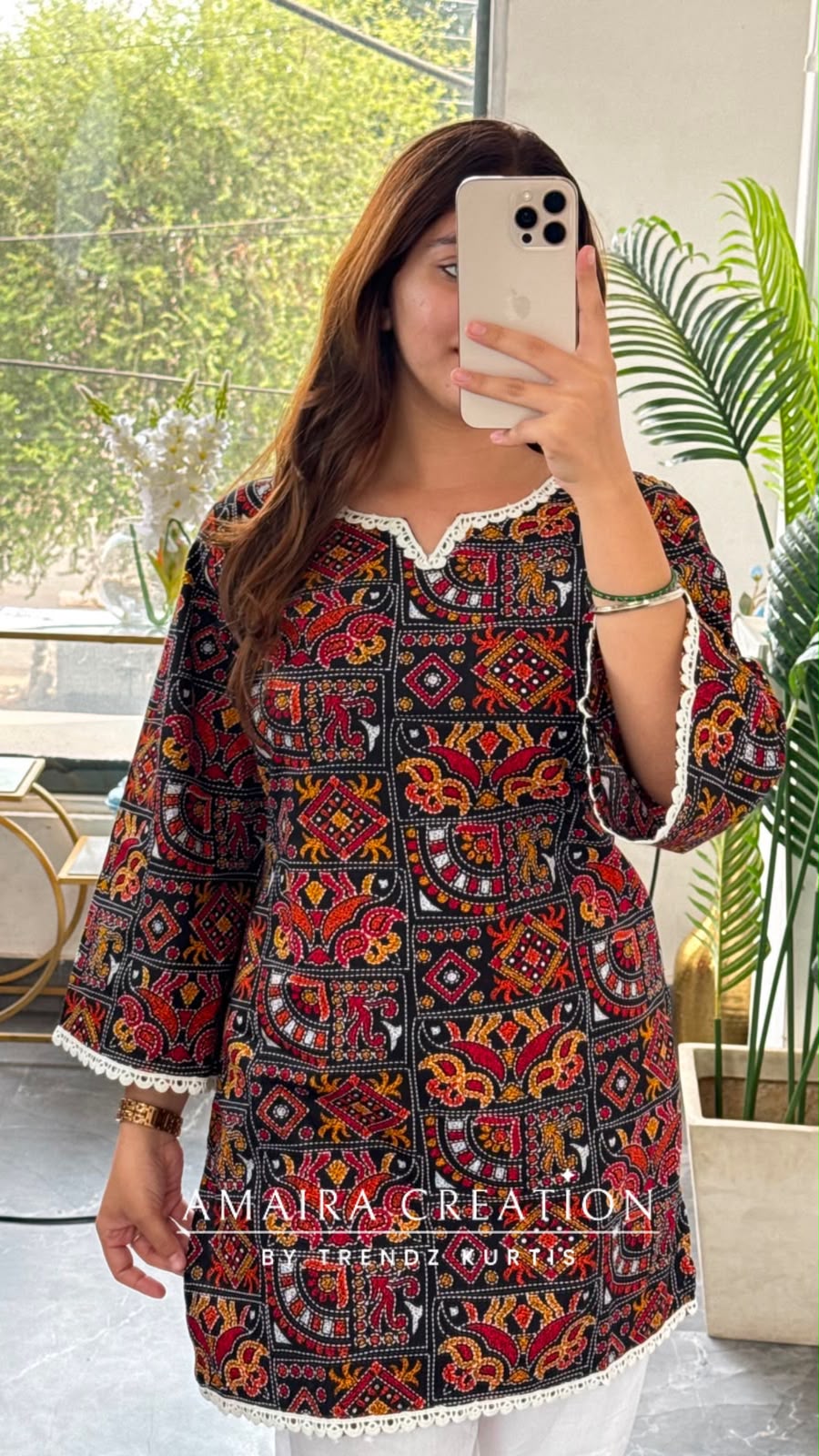 Ethnic Multi Coloured Patchwork Print Short Kurti with Back Knot Dori
