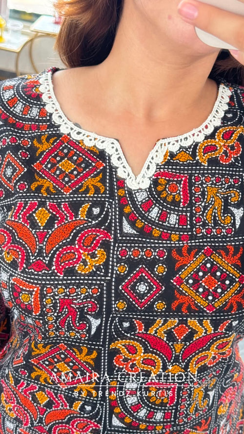 Ethnic Multi Coloured Patchwork Print Short Kurti with Back Knot Dori