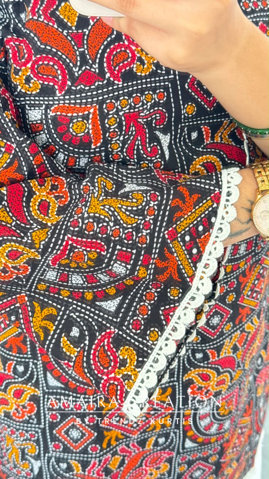 Ethnic Multi Coloured Patchwork Print Short Kurti with Back Knot Dori