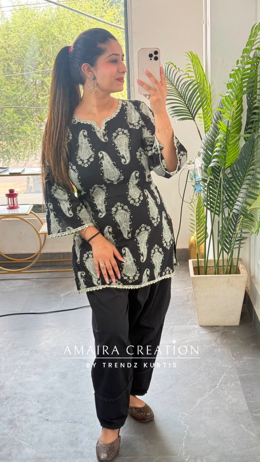 Paisley Printed Black Cotton Short Kurti with Back Knot Dori