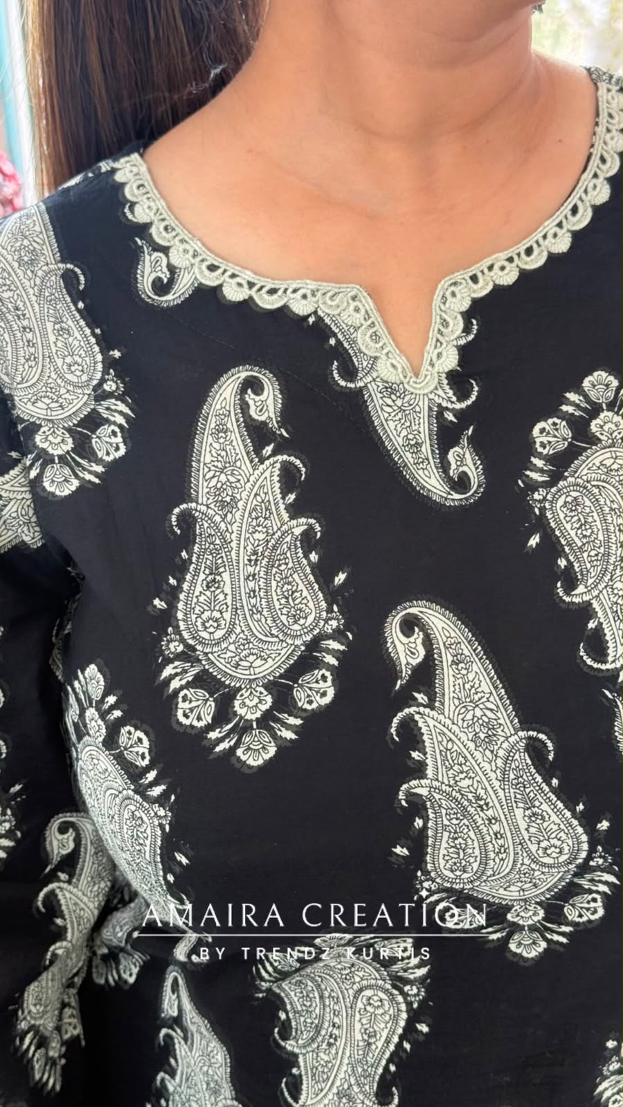Paisley Printed Black Cotton Short Kurti with Back Knot Dori