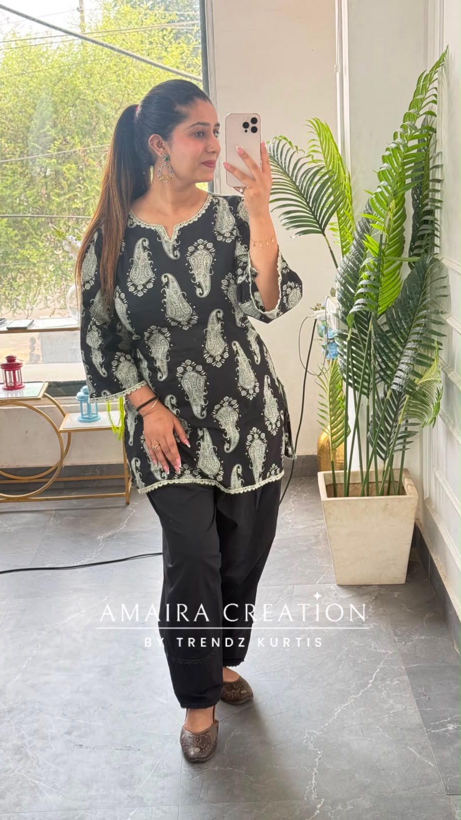 Paisley Printed Black Cotton Short Kurti with Back Knot Dori
