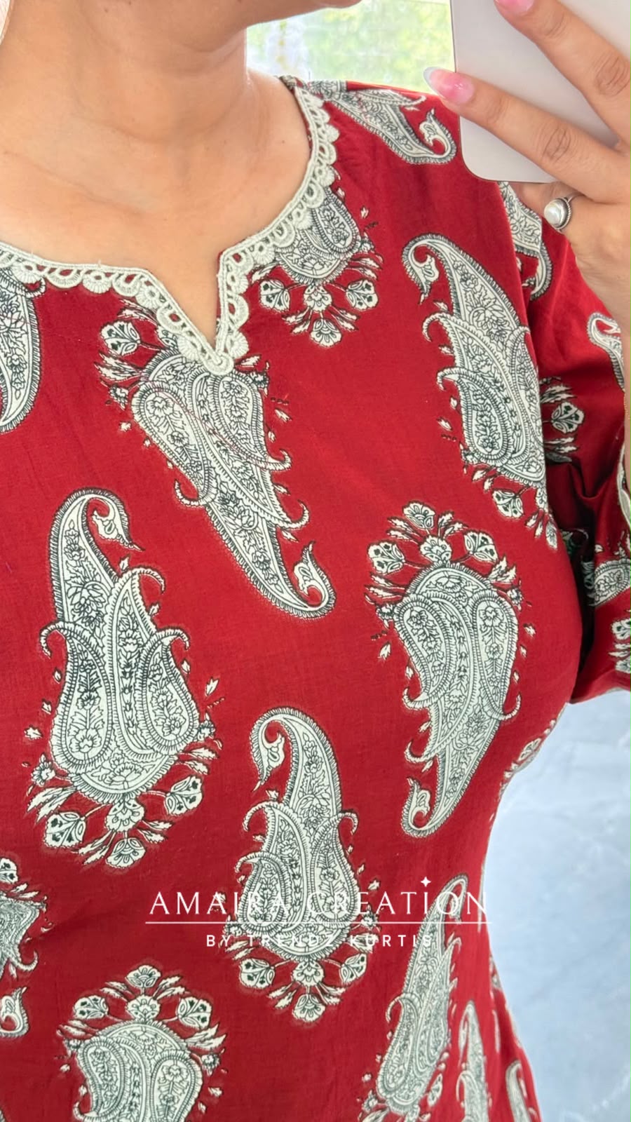 Paisley Printed Marron Cotton Short Kurti with Back Knot Dori
