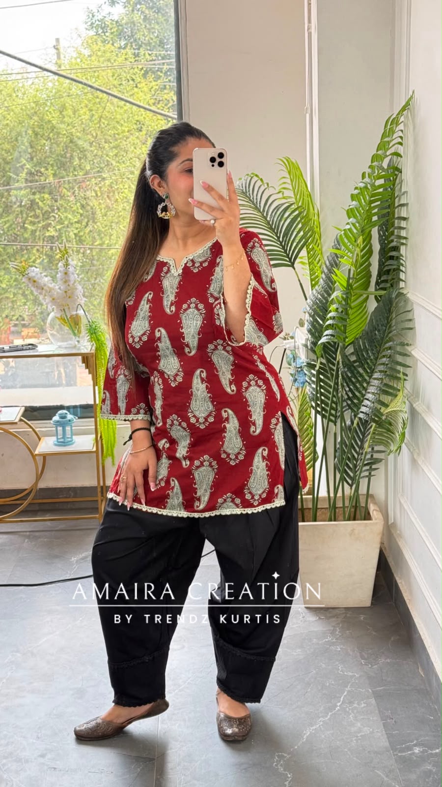 Paisley Printed Marron Cotton Short Kurti with Back Knot Dori
