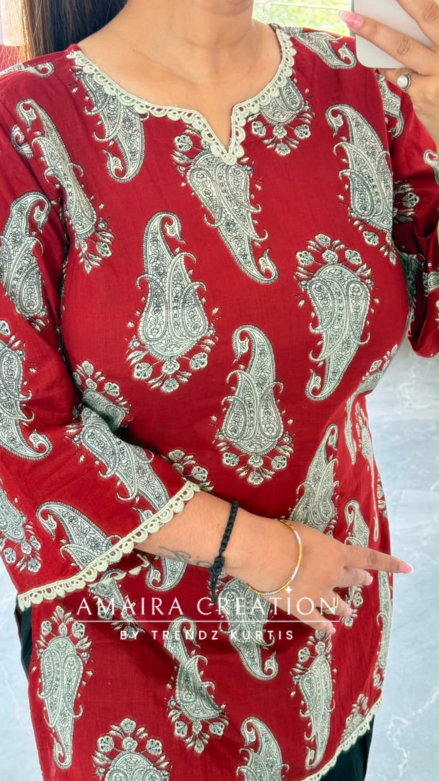 Paisley Printed Marron Cotton Short Kurti with Back Knot Dori