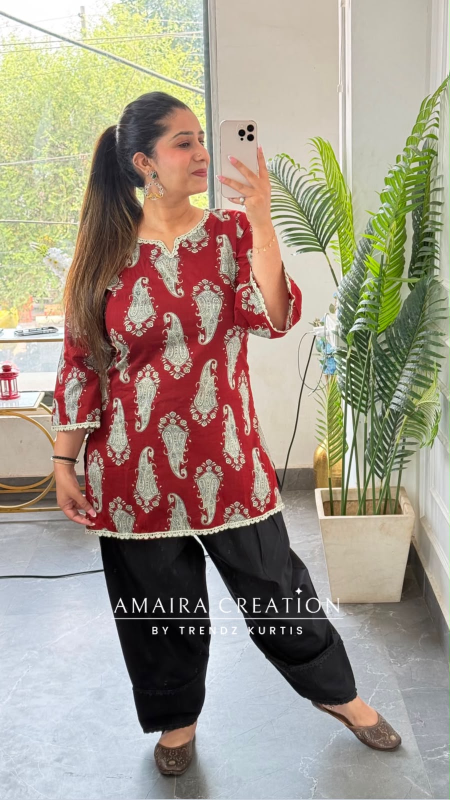 Paisley Printed Marron Cotton Short Kurti with Back Knot Dori