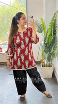 Paisley Printed Marron Cotton Short Kurti with Back Knot Dori