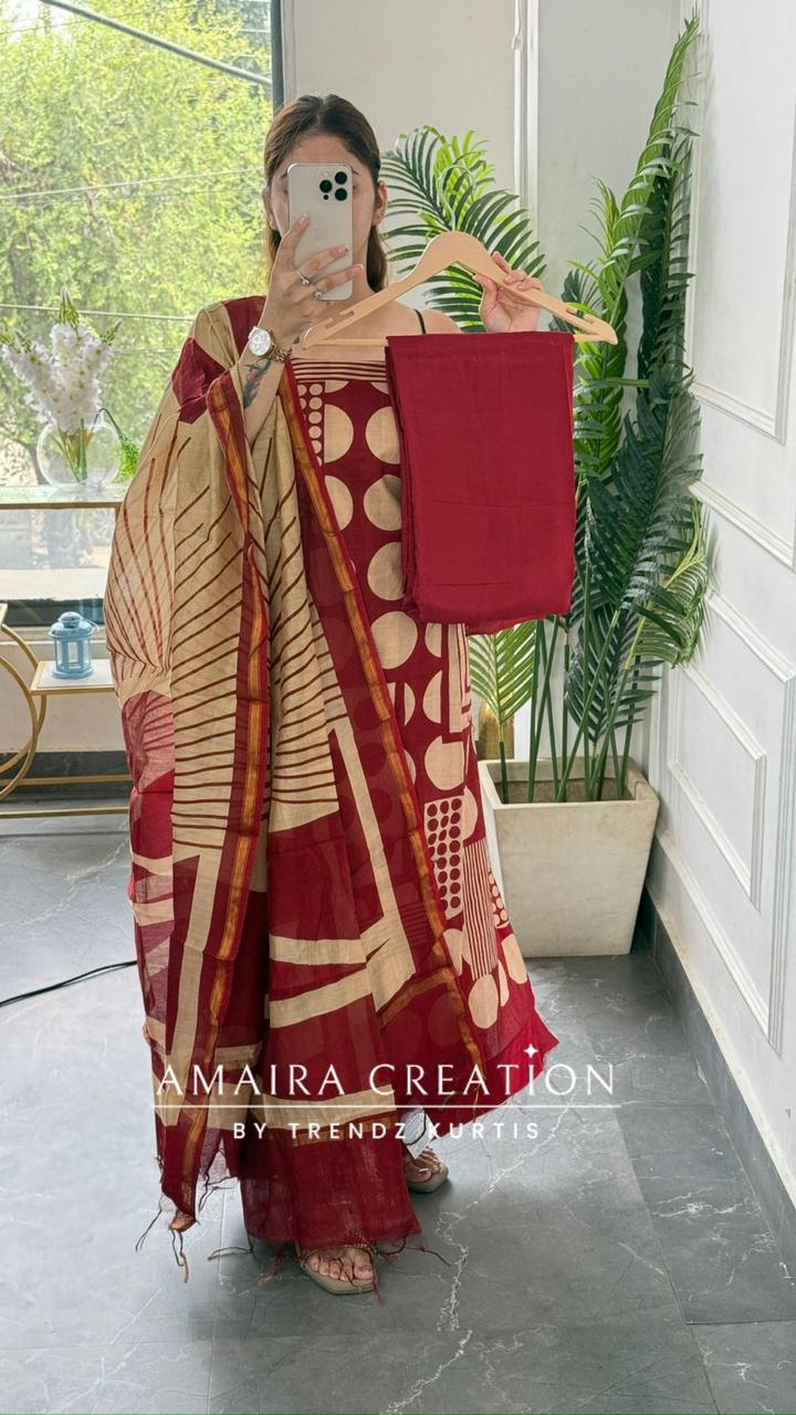 Premium Cotton Maroon Colour Polka Dot Pattern Unstitched Suit