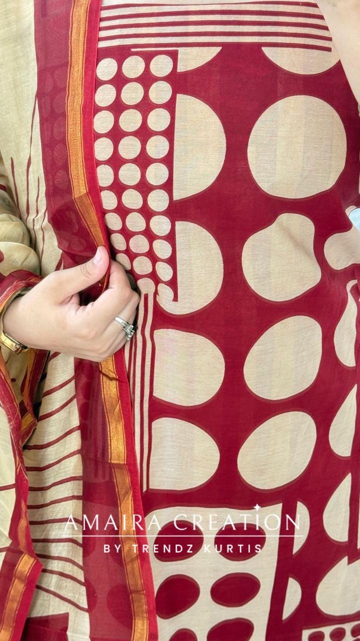 Premium Cotton Maroon Colour Polka Dot Pattern Unstitched Suit