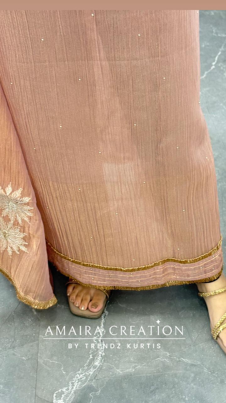 Premium Crush Tissue Peach Colour Beautiful Work Dealtailing Unstitched Suit