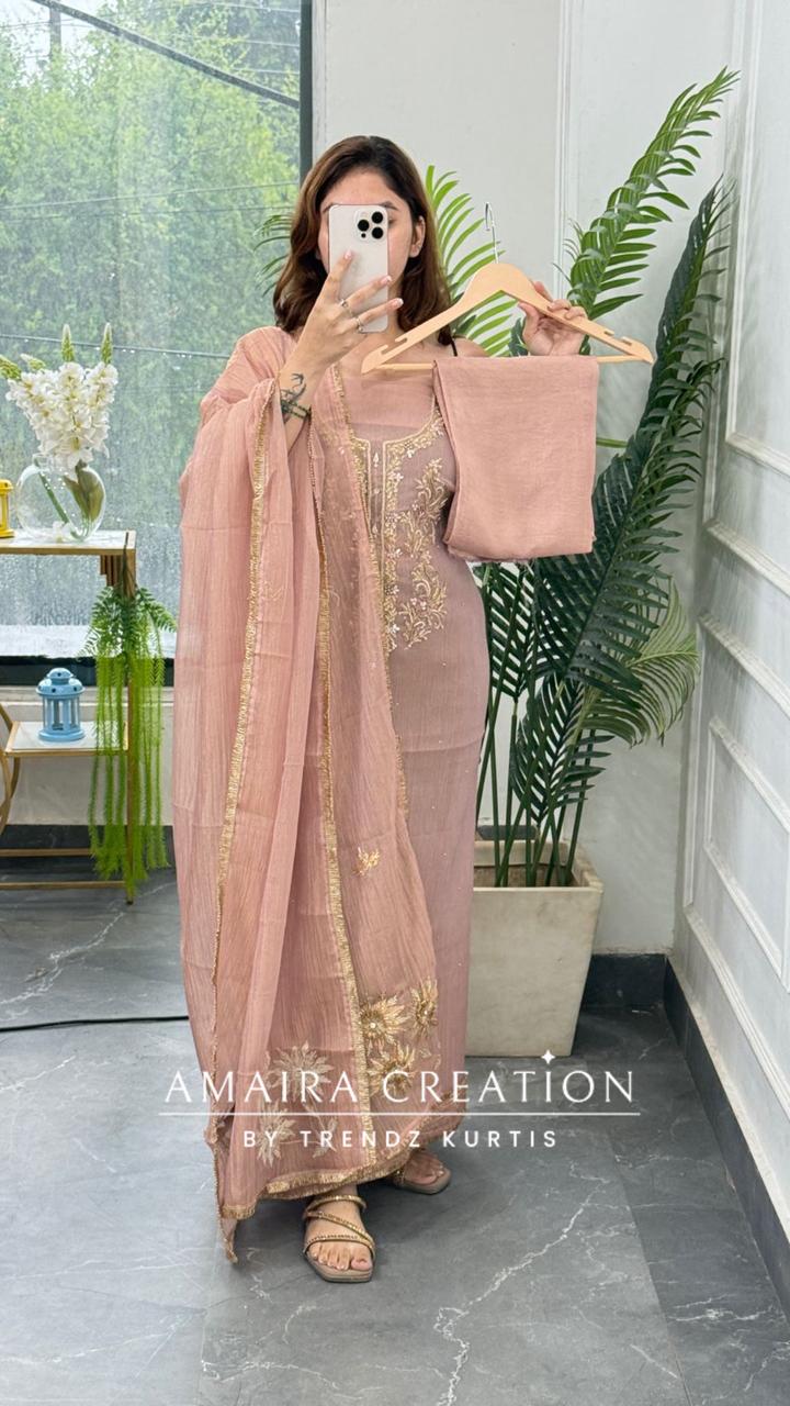 Premium Crush Tissue Peach Colour Beautiful Work Dealtailing Unstitched Suit