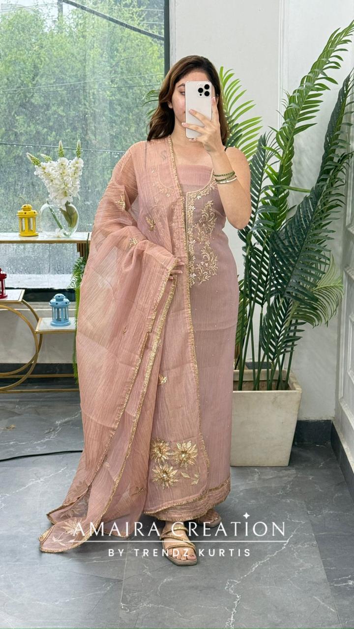 Premium Crush Tissue Peach Colour Beautiful Work Dealtailing Unstitched Suit