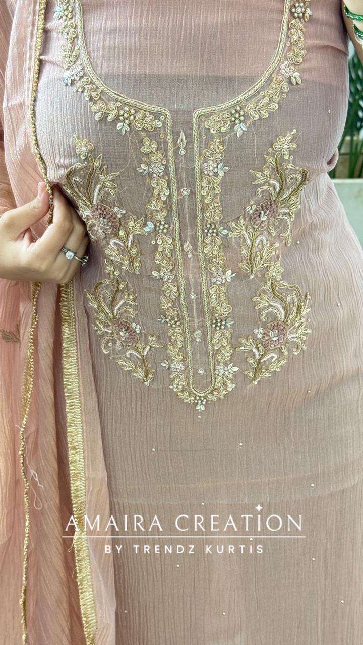 Premium Crush Tissue Peach Colour Beautiful Work Dealtailing Unstitched Suit