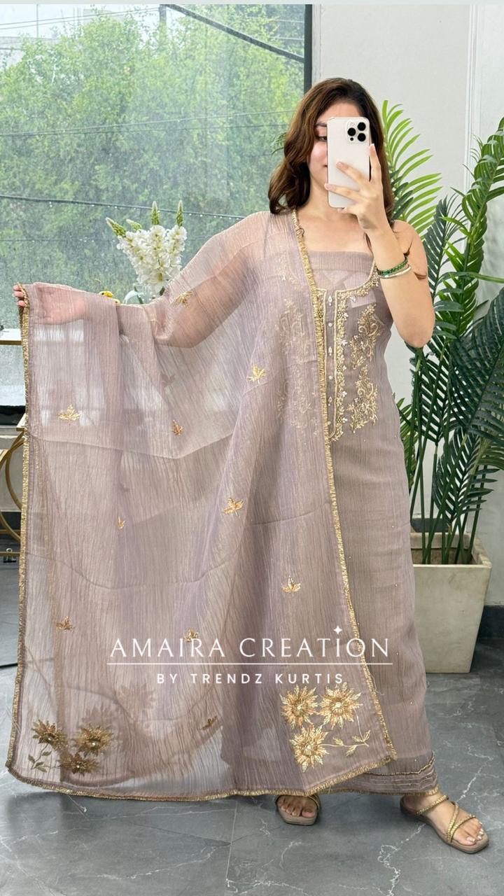Premium Crush Tissue Mauve color Beautiful Work Dealtailing Unstitched Suit