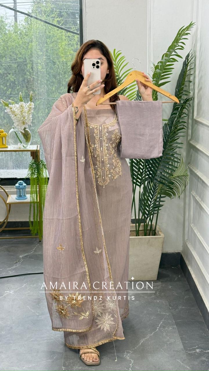 Premium Crush Tissue Mauve color Beautiful Work Dealtailing Unstitched Suit