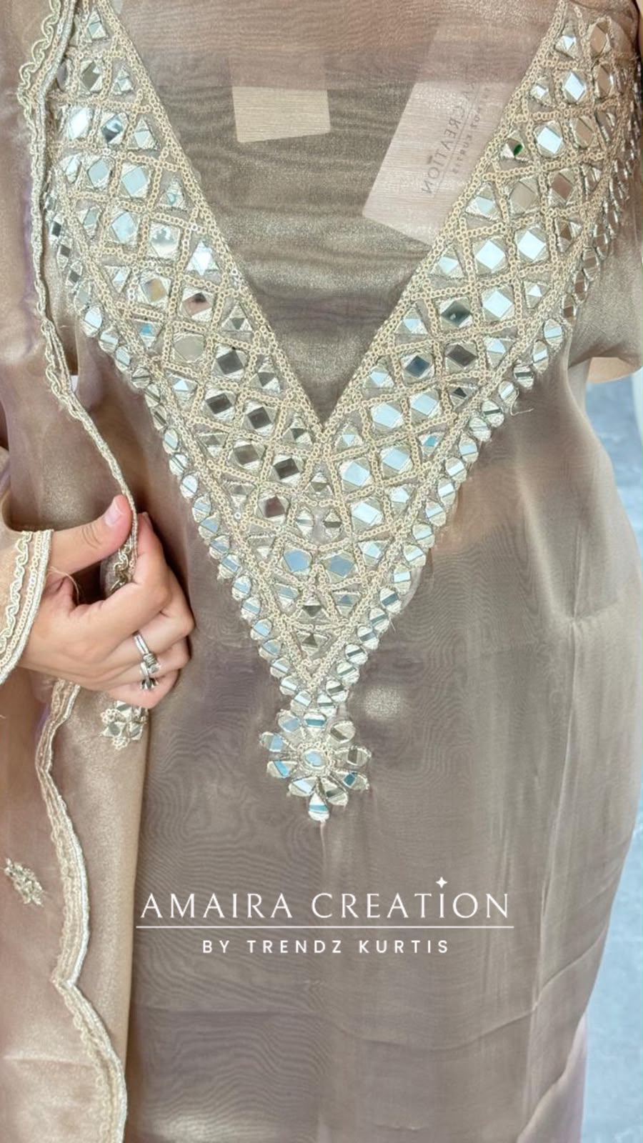 Premium Glass Tissue Rose Gold Colour Mirror Work Detailing Unstitch Suit