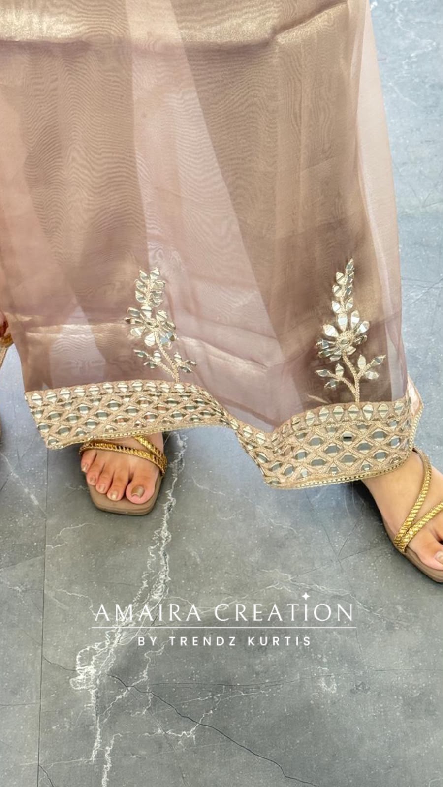 Premium Glass Tissue Rose Gold Colour Mirror Work Detailing Unstitch Suit