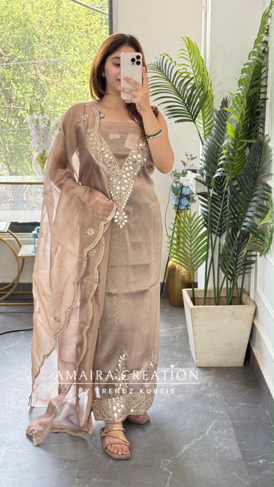 Premium Glass Tissue Rose Gold Colour Mirror Work Detailing Unstitch Suit