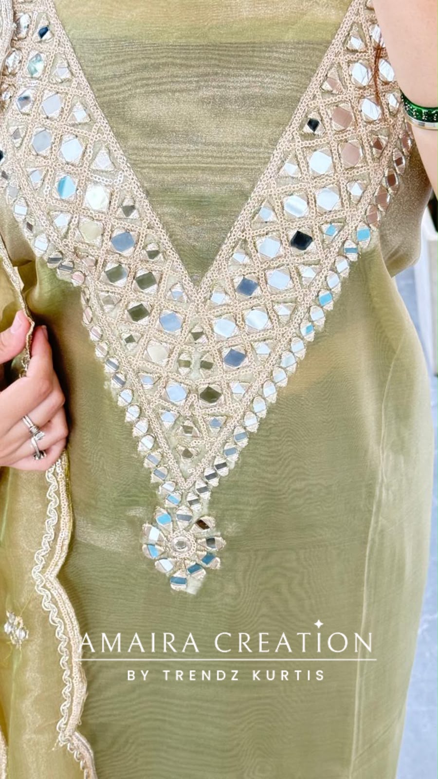 Premium Glass Tissue Pista Colour Mirror Work Detailing Unstitch Suit