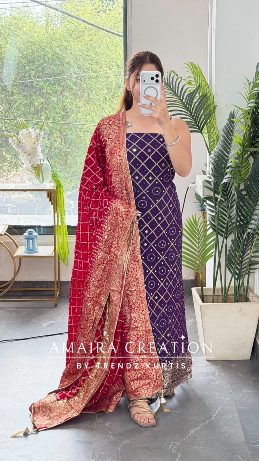 Premium Chinnon Purple Colour Bandhni Print Unstitch Suit Zari & Mirror Work Detailing With Contrast Dupatta