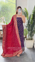 Premium Chinnon Purple Colour Bandhni Print Unstitch Suit Zari & Mirror Work Detailing With Contrast Dupatta