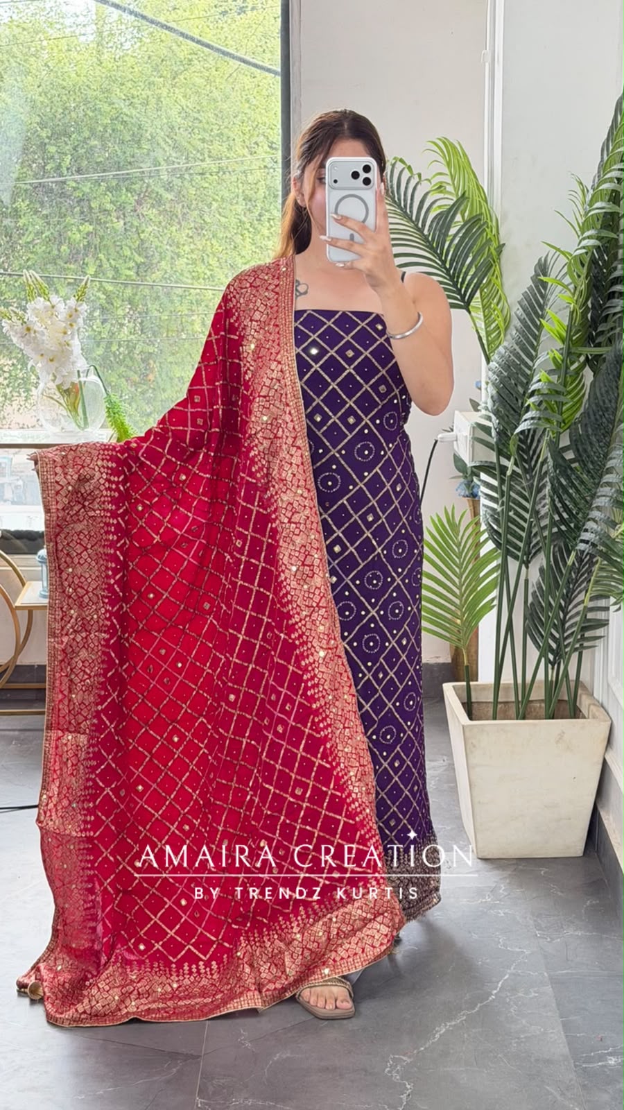 Premium Chinnon Purple Colour Bandhni Print Unstitch Suit Zari & Mirror Work Detailing With Contrast Dupatta