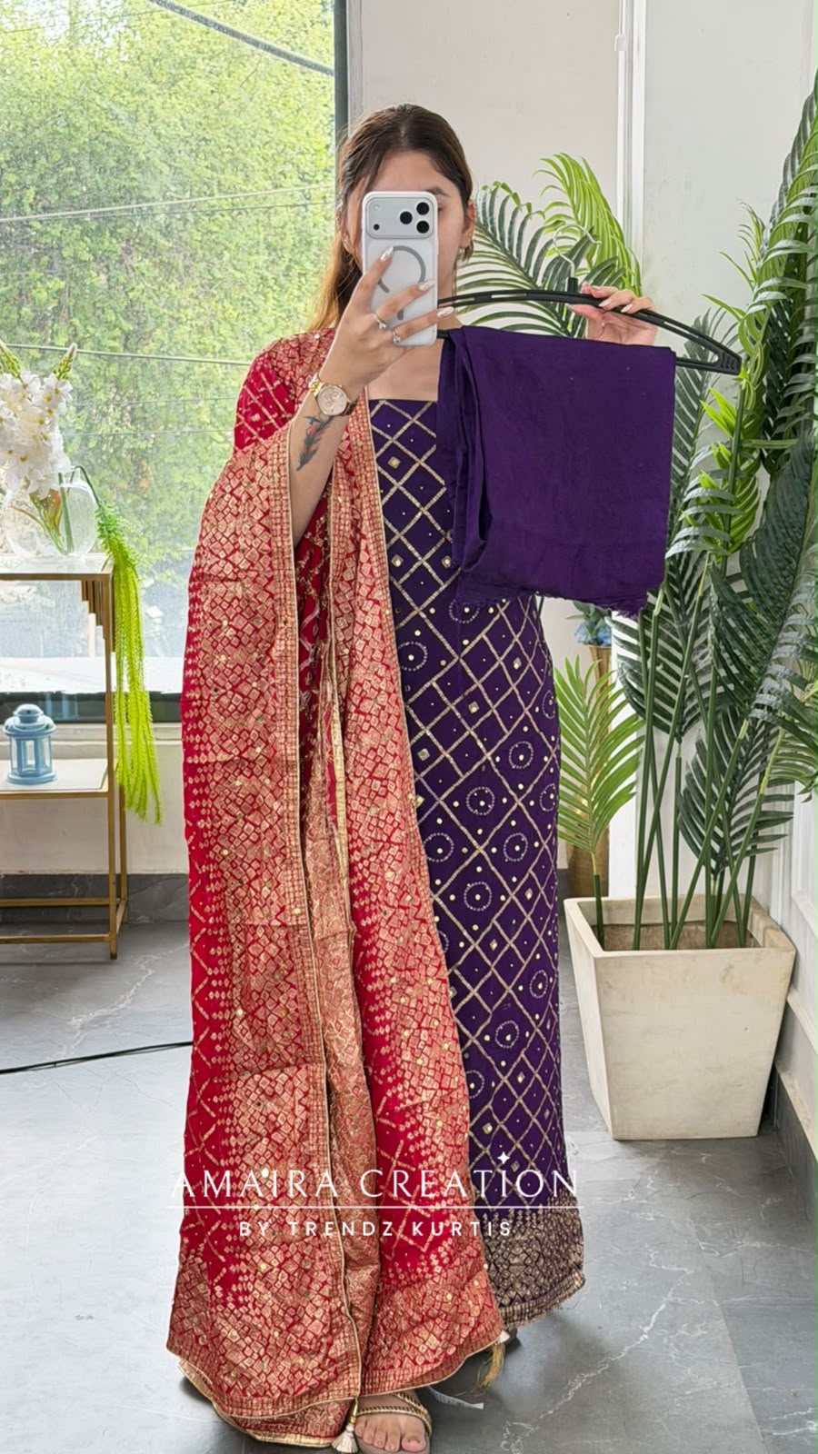 Premium Chinnon Purple Colour Bandhni Print Unstitch Suit Zari & Mirror Work Detailing With Contrast Dupatta